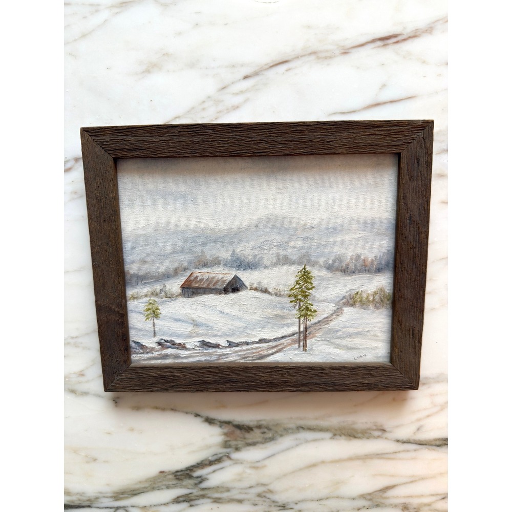 Vintage Signed Oil Painting Winter Landscape Snowy Barn Framed Art Christmas